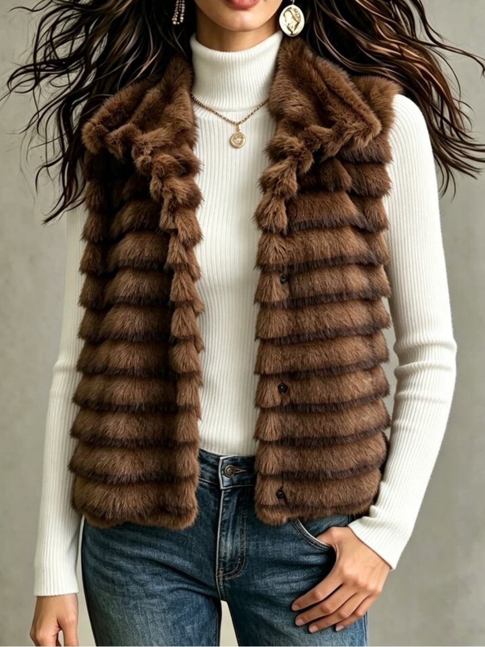 Autumn/Winter French Vintage Brown -Fur Vest, Stand Collar Button-Front